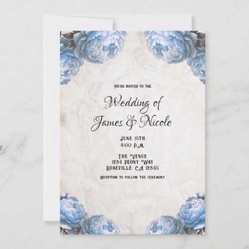 Light Blue Peony Flowers Vintage Rustic Wedding  Invitation