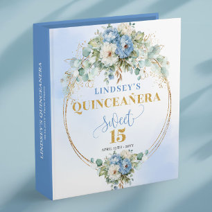 Light Blue Peony Gold 15th Birthday Memory Book 3 Ring Binder