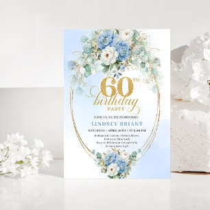 Light Blue Peony Greenery 60th Birthday Invitation