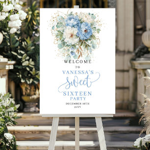 Light Blue Peony Greenery Sweet Sixteen Welcome Poster
