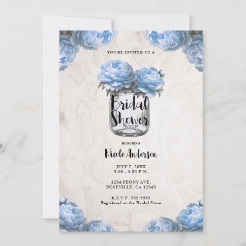 Light Blue Peony Mason Jar Rustic Bridal Shower  Invitation