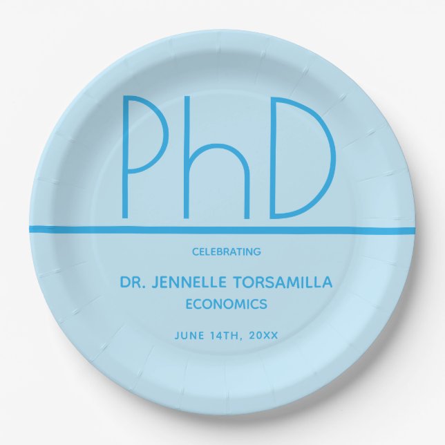 Light Blue PhD degree Graduation Party Paper Plates (Front)