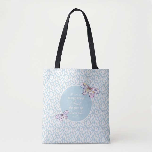 Light Blue Philippians 4:13 Butterfly Tote Bag (Front)