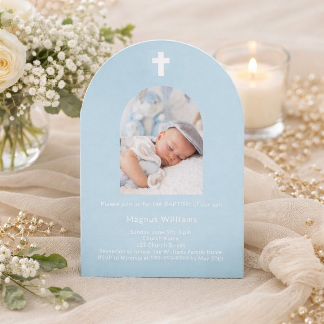 Light blue photo arch boy Baptism Invitation (Creator Uploaded)