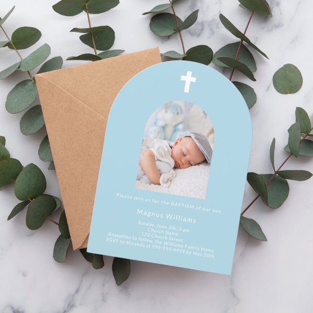 Light blue photo arch boy Baptism Invitation (Creator Uploaded)