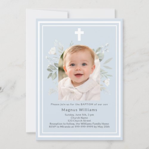 Light blue photo arch boy florals Baptism Invitation