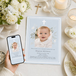 Light blue photo arch boy florals Baptism Invitation