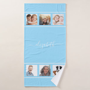Light blue photo collage name white script bath towel set