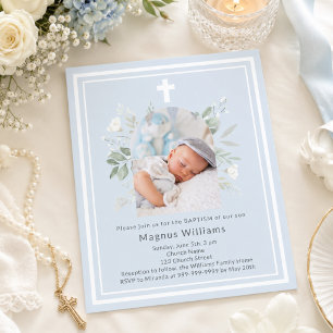 Light blue photo florals boy Baptism invitation