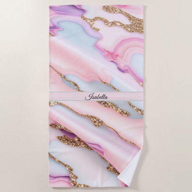Light Blue Pink Agate Marble Modern Collection Beach Towel (Front)