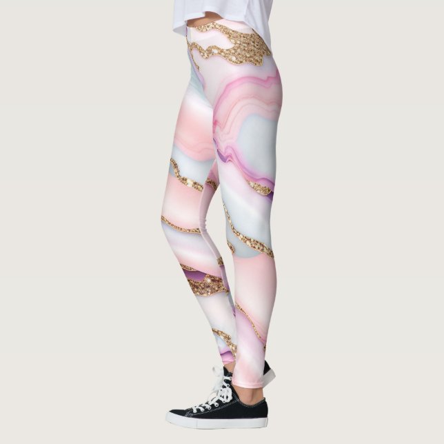 Light Blue Pink Agate Marble Modern Collection Leggings (Left)