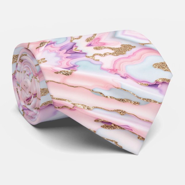 Light Blue Pink Agate Marble Modern Collection Neck Tie (Rolled)
