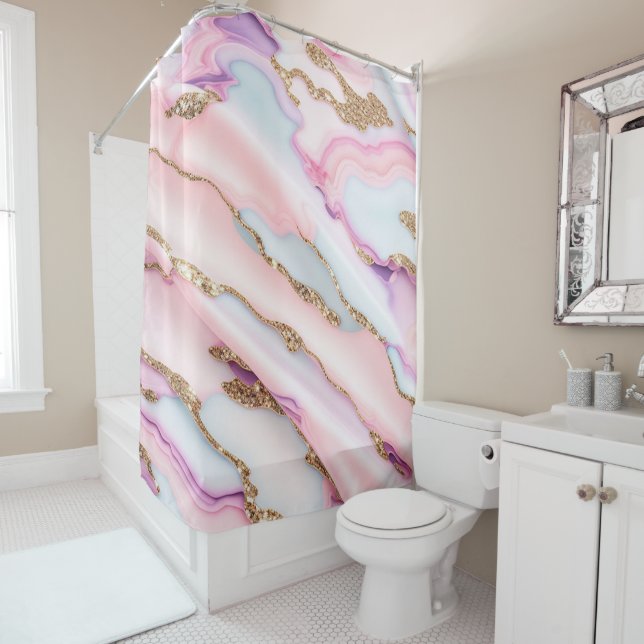 Light Blue Pink Agate Marble Modern Collection Shower Curtain (In Situ)