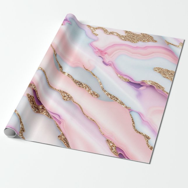 Light Blue Pink Agate Marble Modern Collection Wrapping Paper (Unrolled)