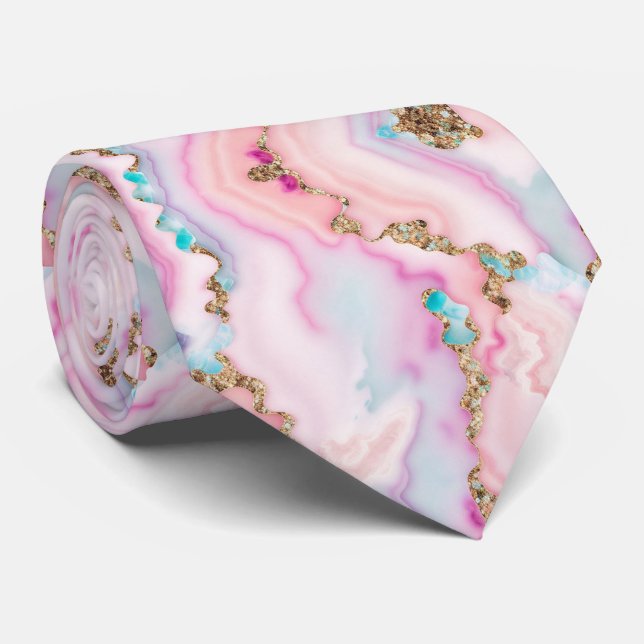 Light Blue Pink Agate Marble Popular Collection Neck Tie (Rolled)