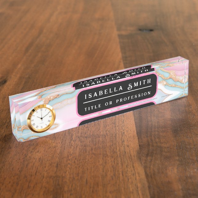 Light Blue Pink Agate Marble Trendy Collection Desk Name Plate (Side)