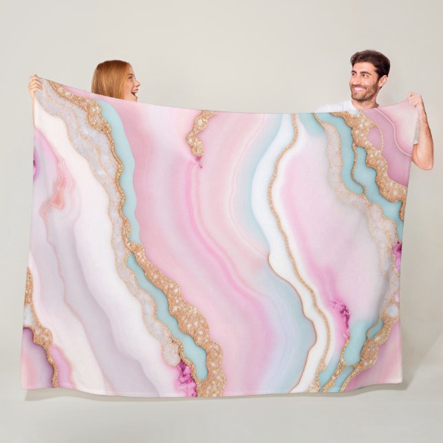 Light Blue Pink Agate Marble Trendy Collection Fleece Blanket (In Situ)