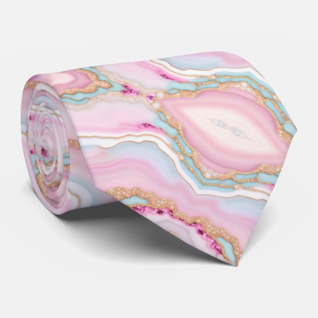 Light Blue Pink Agate Marble Trendy Collection Neck Tie (Rolled)