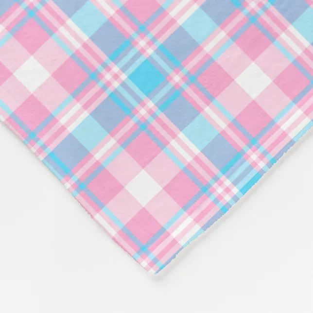 Light Blue, Pink and White Plaid Fleece Blanket | Zazzle