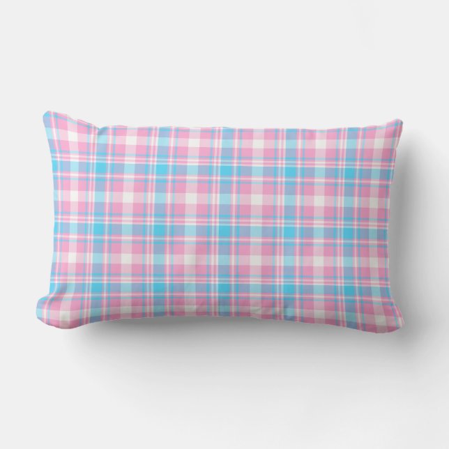 Light Blue, Pink and White Plaid Lumbar Pillow (Front)