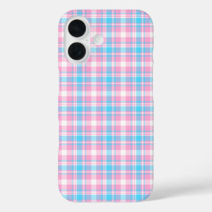 Light Blue, Pink, and White Plaid Pattern iPhone 16 Case
