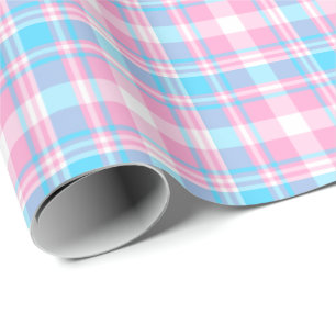 Light Blue, Pink and White Plaid Wrapping Paper