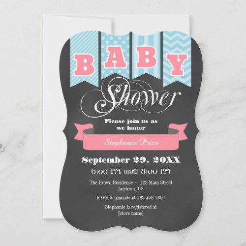 Light Blue Pink Chalkboard Flag Baby Shower Invite