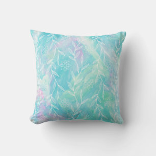 Light Blue Pink Flowers Leaves Botanical Foliage Throw Pillow