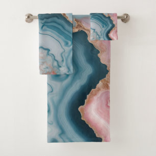Light Blue Pink Gold Agate Marble Modern design Bath Towel Set