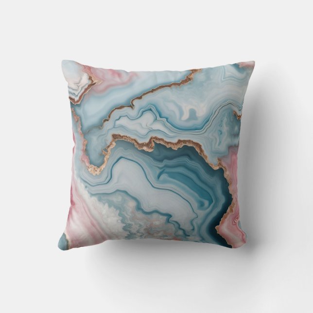 Light Blue Pink Gold Agate Marble Modern design  Throw Pillow (Back)