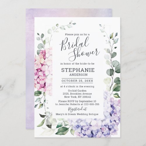 Light Blue Pink Hydrangea Eucalyptus Bridal Shower Invitation