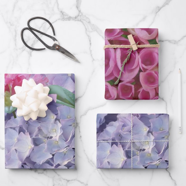 Light Blue & Pink Hydrangea Wrapping Paper Sheets (Front)