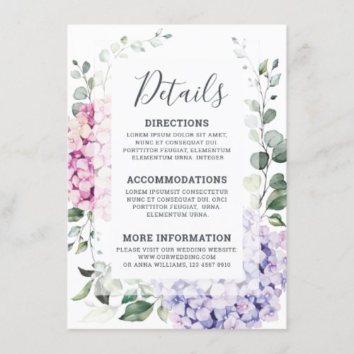 Light Blue Pink Hydrangeas and Eucalyptus wedding Enclosure Card