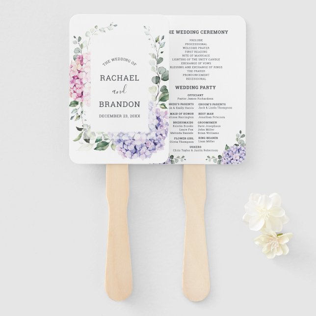Light Blue Pink Hydrangeas and Eucalyptus wedding Hand Fan (Front and Back)