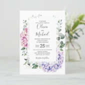 Light Blue Pink Hydrangeas and Eucalyptus wedding Invitation (Standing Front)
