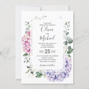 Light Blue Pink Hydrangeas and Eucalyptus wedding Invitation