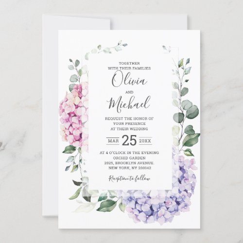 Light Blue Pink Hydrangeas and Eucalyptus wedding Invitation