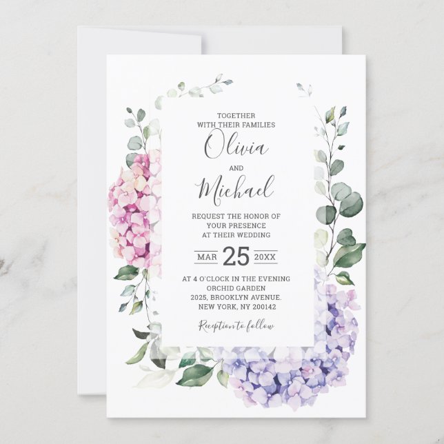Light Blue Pink Hydrangeas and Eucalyptus wedding Invitation (Front)