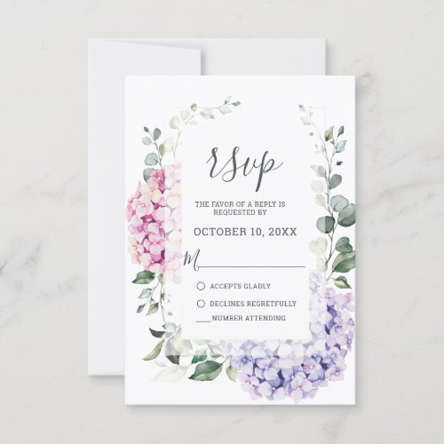 Light Blue Pink Hydrangeas and Eucalyptus wedding RSVP Card