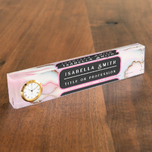 Light Blue Pink Marble Agate Modern Collection Desk Name Plate