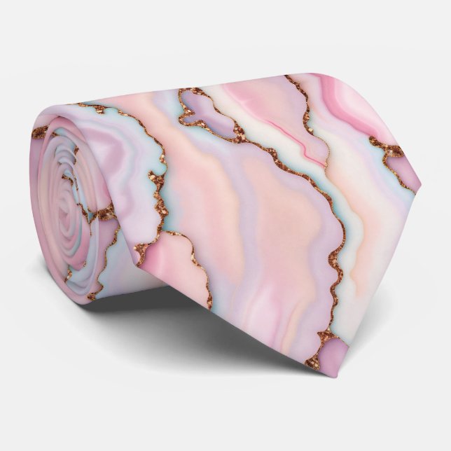Light Blue Pink Marble Agate Modern Collection Neck Tie (Rolled)