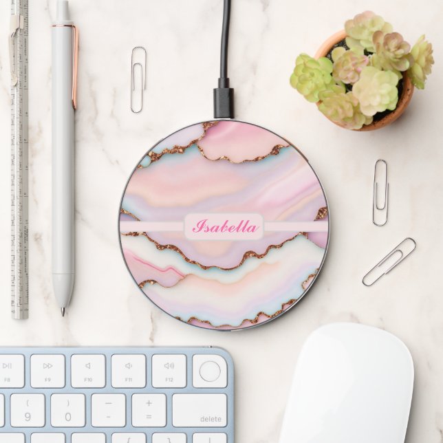 Light Blue Pink Marble Agate Modern Collection Wireless Charger (Desk)