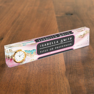 Light Blue Pink Marble Agate Popular Collection Desk Name Plate