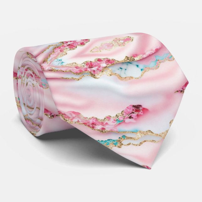 Light Blue Pink Marble Agate Popular Collection Neck Tie (Rolled)