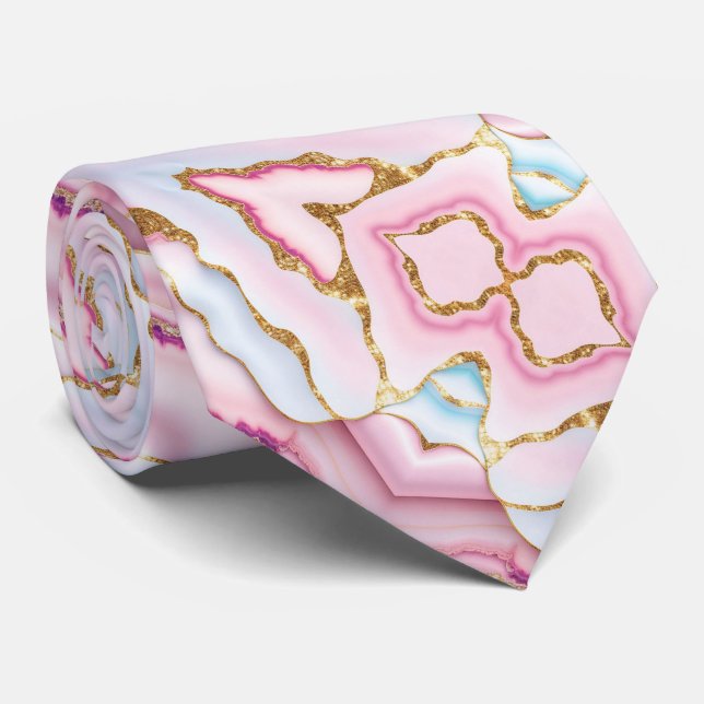 Light Blue Pink Marble Agate Trendy Collection Neck Tie (Rolled)