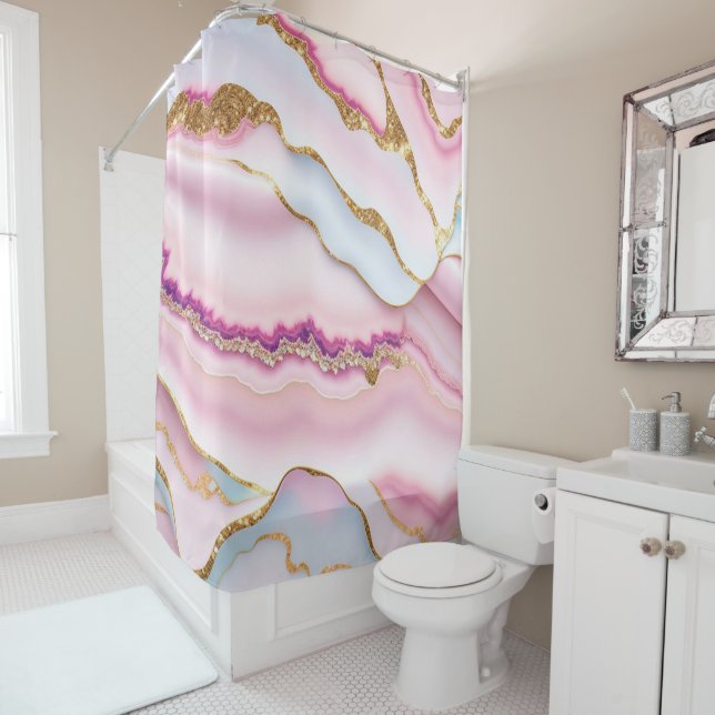 Light Blue Pink Marble Agate Trendy Collection Shower Curtain (In Situ)