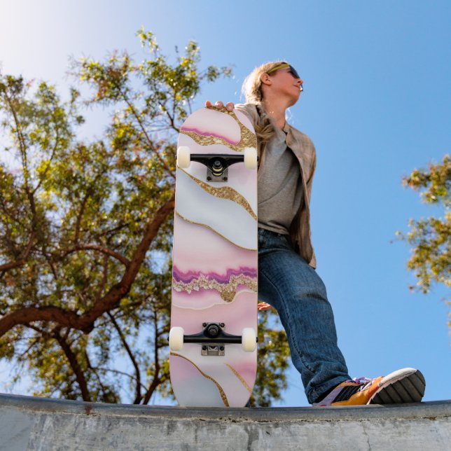 Light Blue Pink Marble Agate Trendy Collection Skateboard (Outdoor 1)