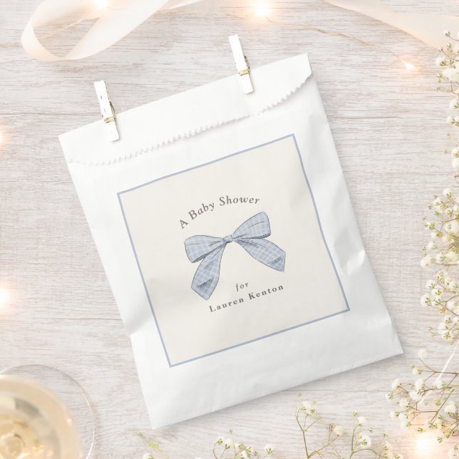 Light Blue Plaid Bow Elegant Boy Baby Shower Favor Bag (Clipped)