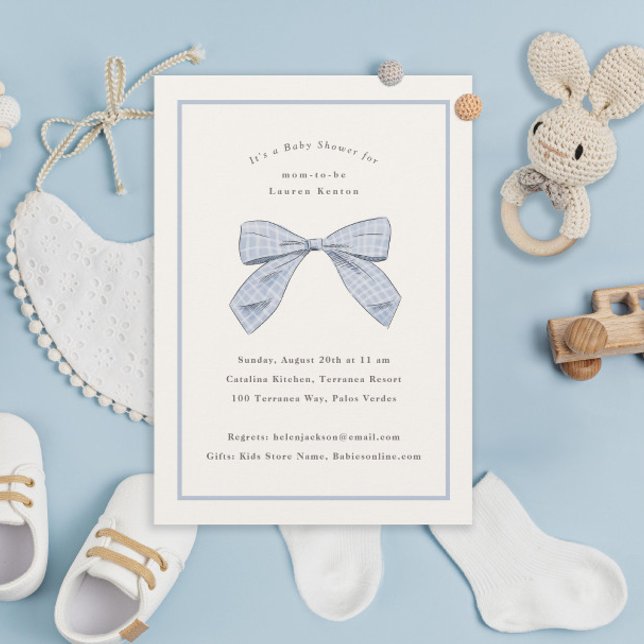 Light Blue Plaid Bow Elegant Boy Baby Shower Invitation (Creator Uploaded)