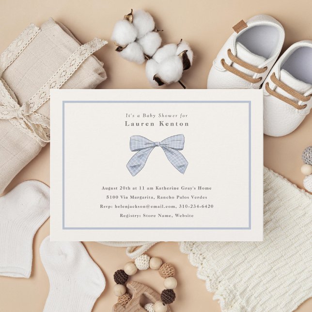 Light Blue Plaid Bow Elegant Boy Baby Shower Invitation (Creator Uploaded)